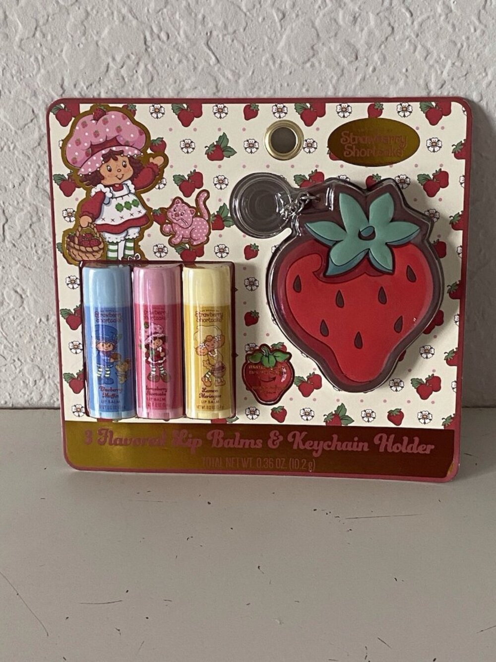 3 Pack Strawberry Shortcake Flavored Lip Balms & Keychain Set Blueberry Lemon